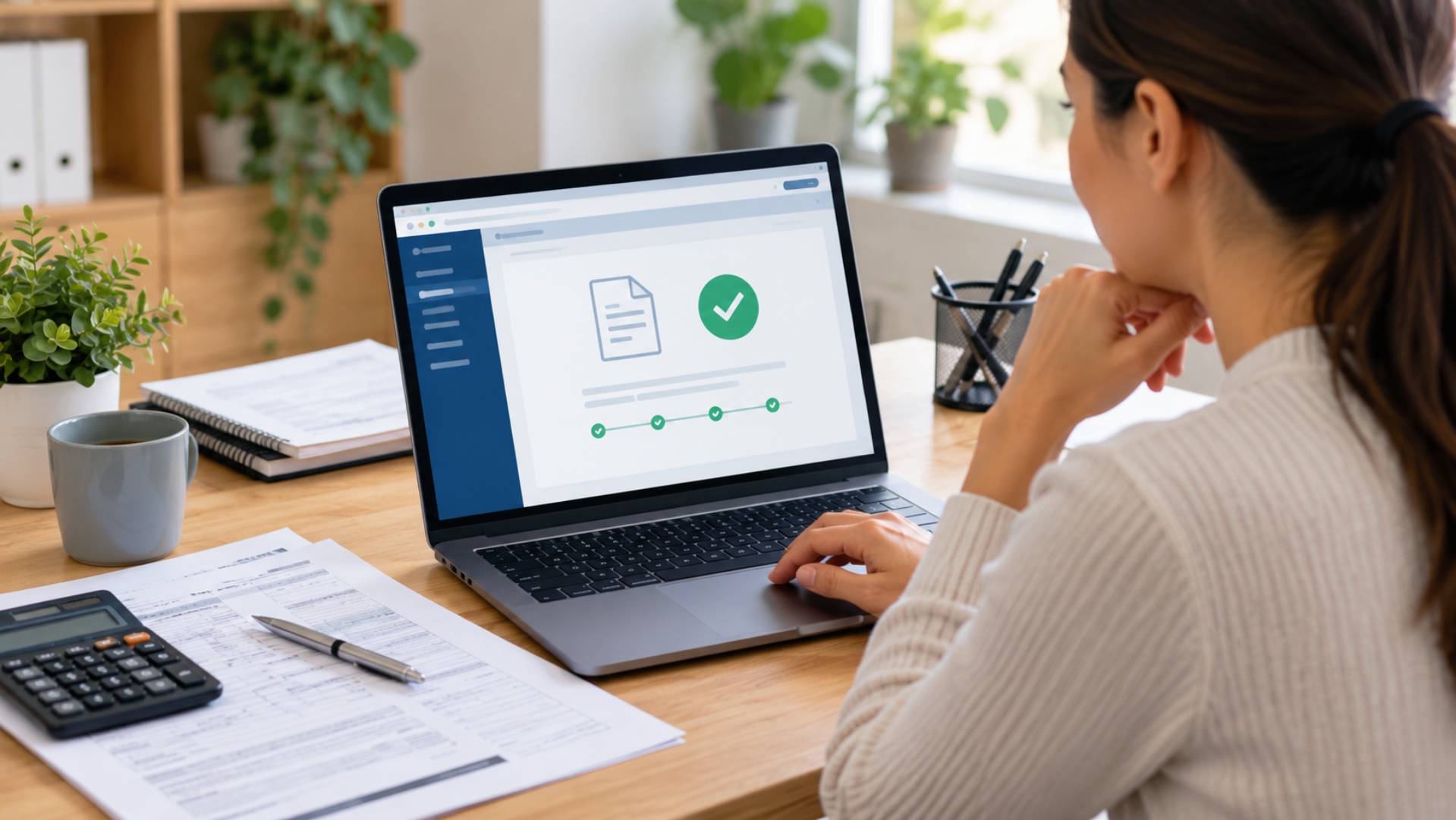 Checking tax return lodgement status online using a laptop and financial documents